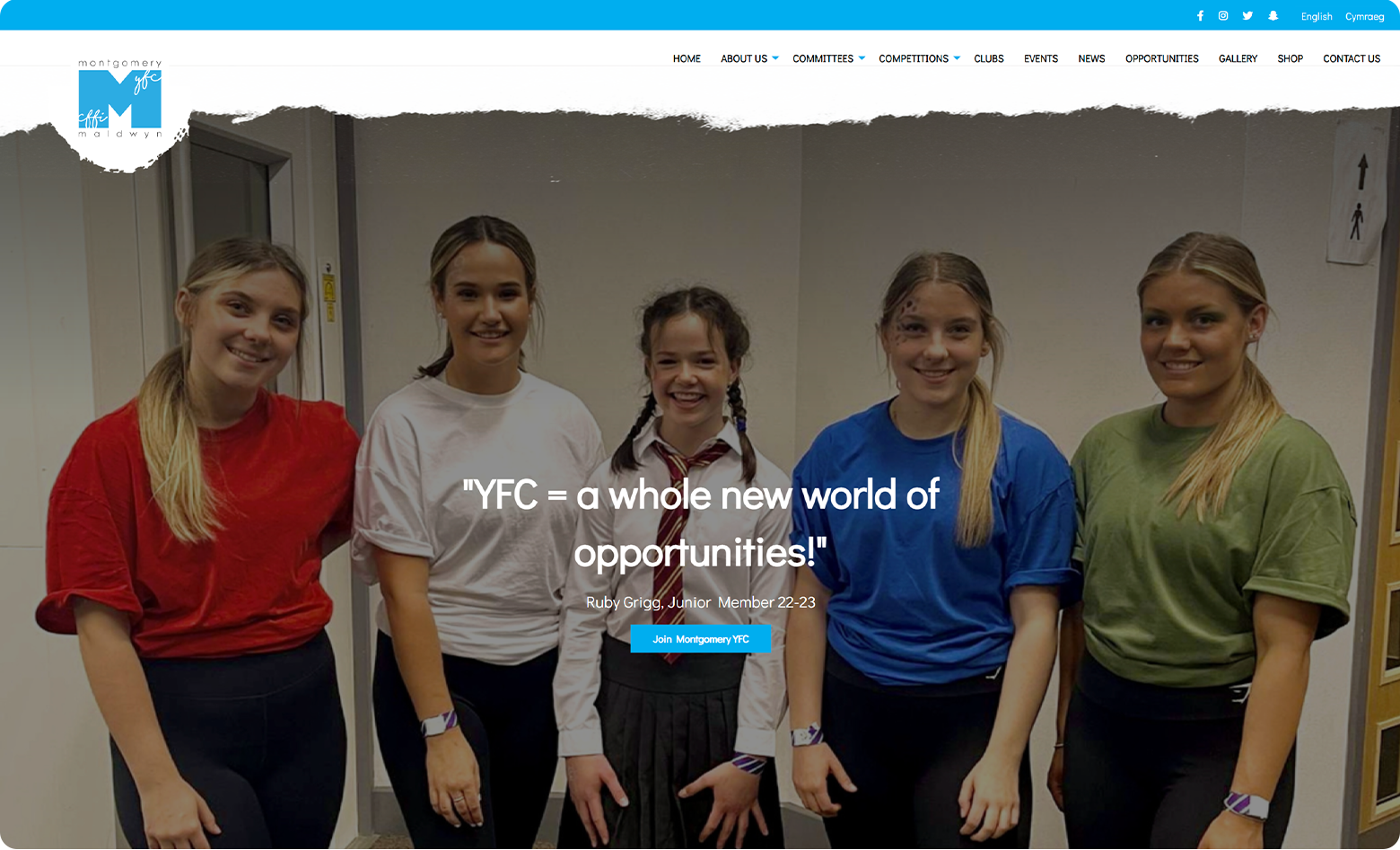 The new Montgomeryshire YFC website with a bright colour scheme and modern sans serif font