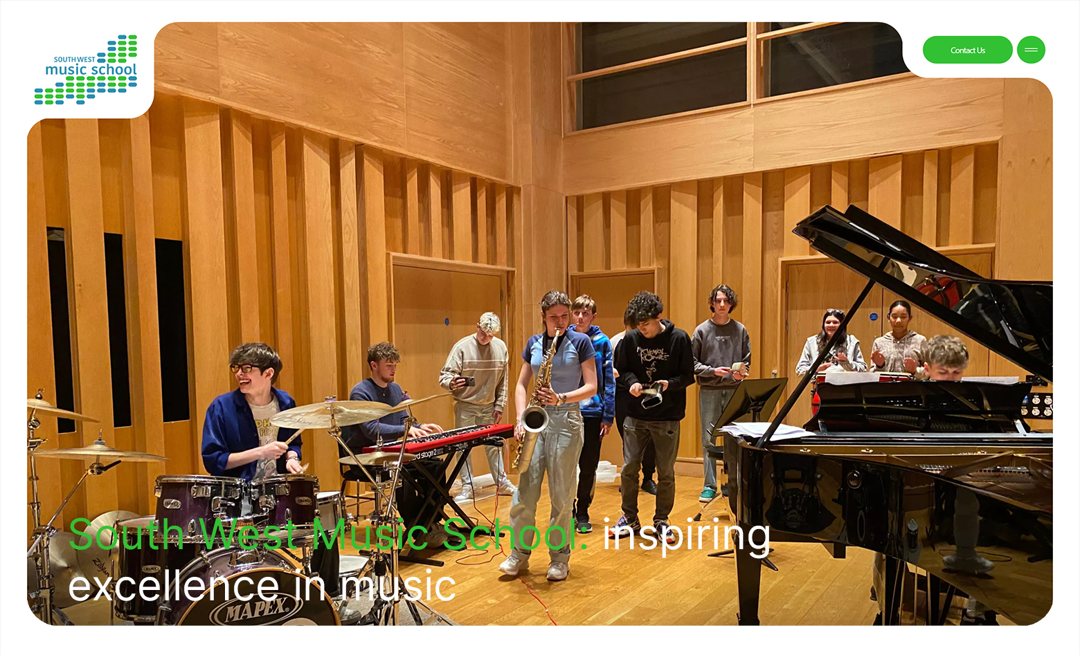 A screenshot of the new South West Music School website homepage design