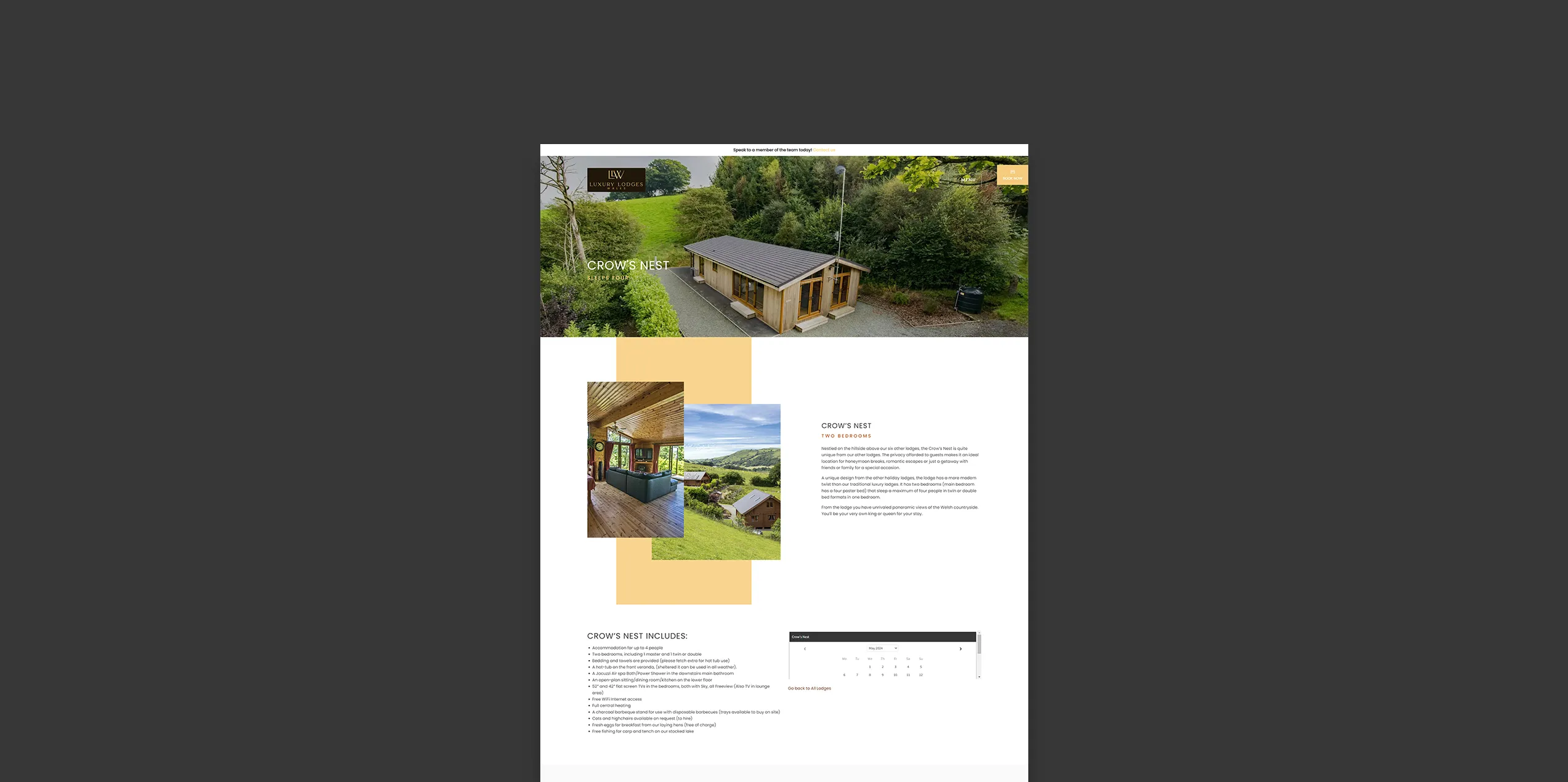 A desktop with a web page about a luxury cabin