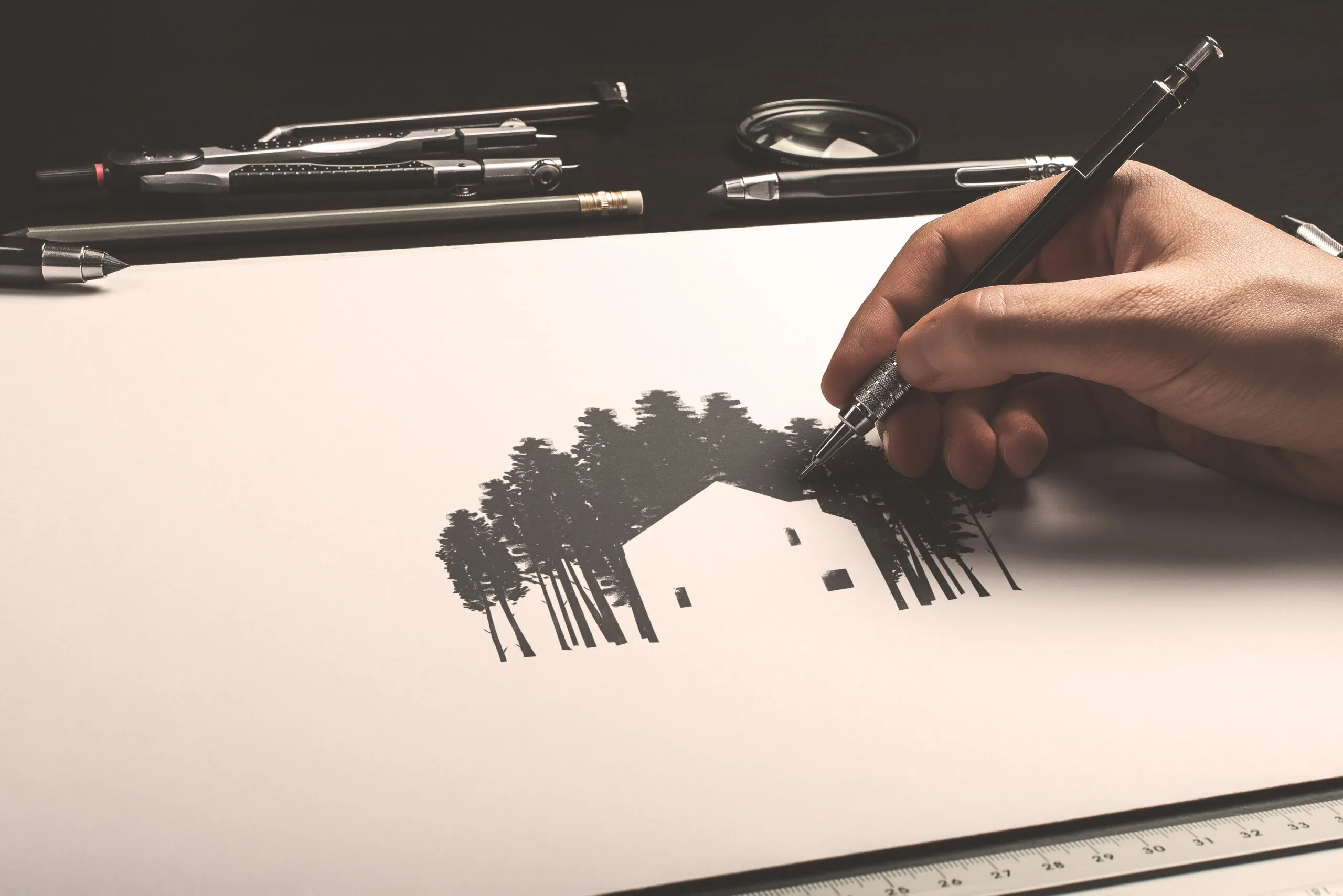 A hand drawing a logo on a piece of paper