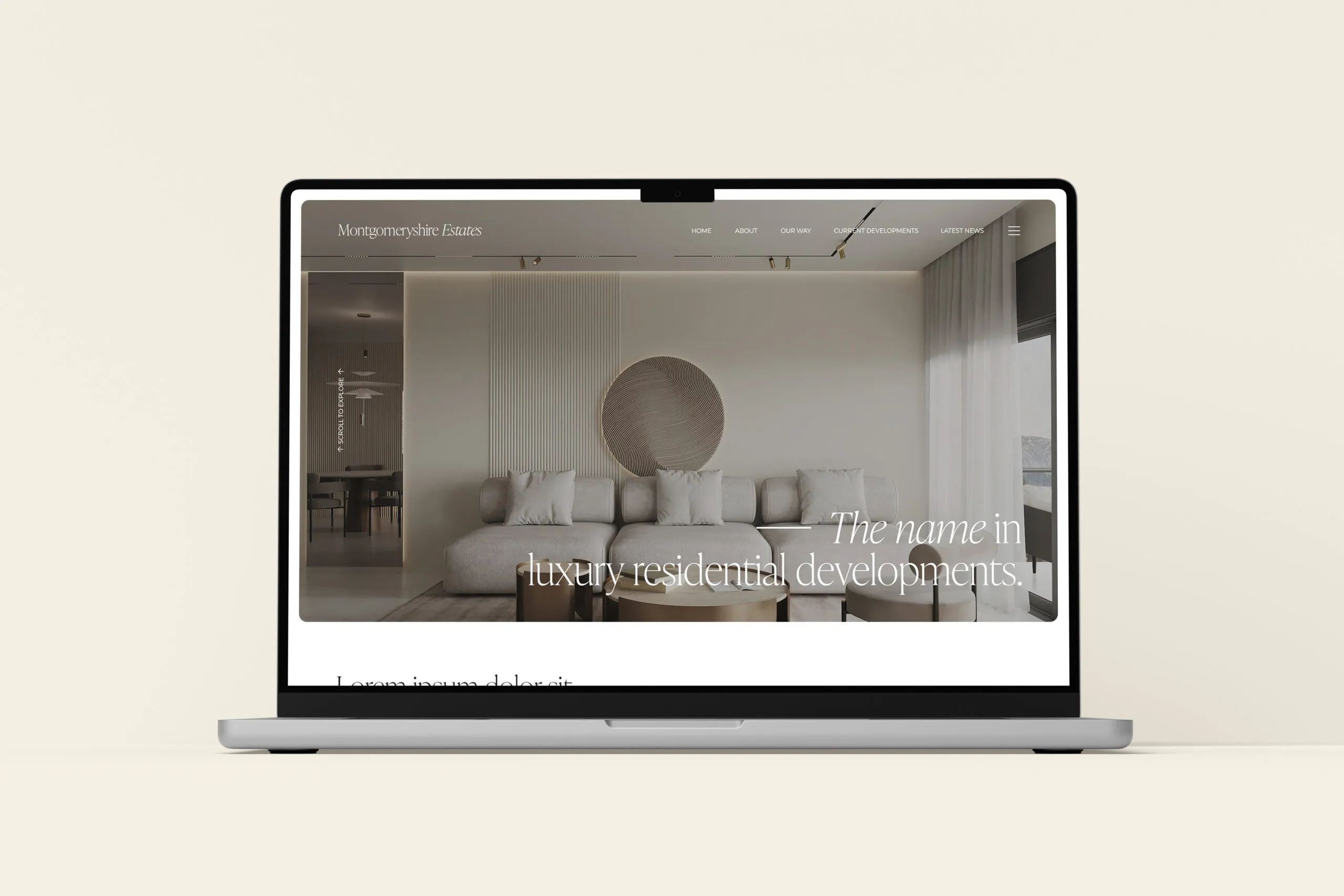 A MacBook on a neutral background showing the Montgomeryshire Estates concept website