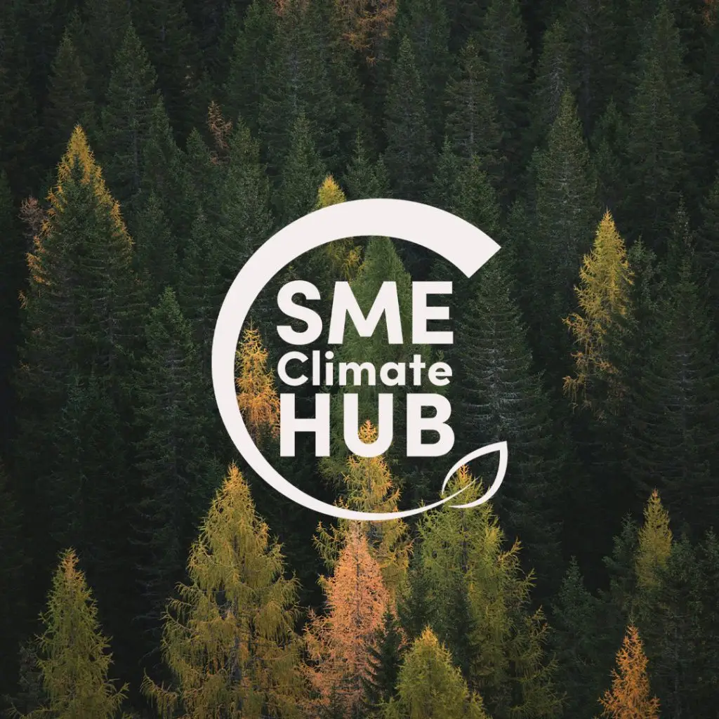 Different coloured green trees overlayed with an image of the SME climate hub logo