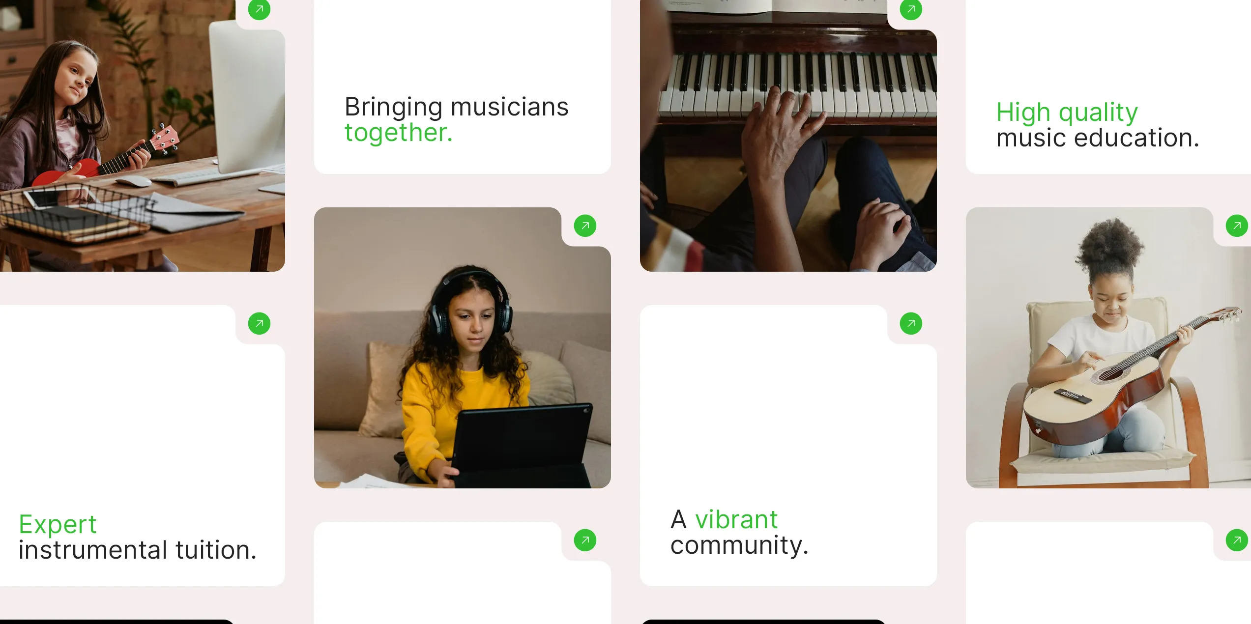 A graphic showing different cards with imagery and text phrases promoting South West Music School