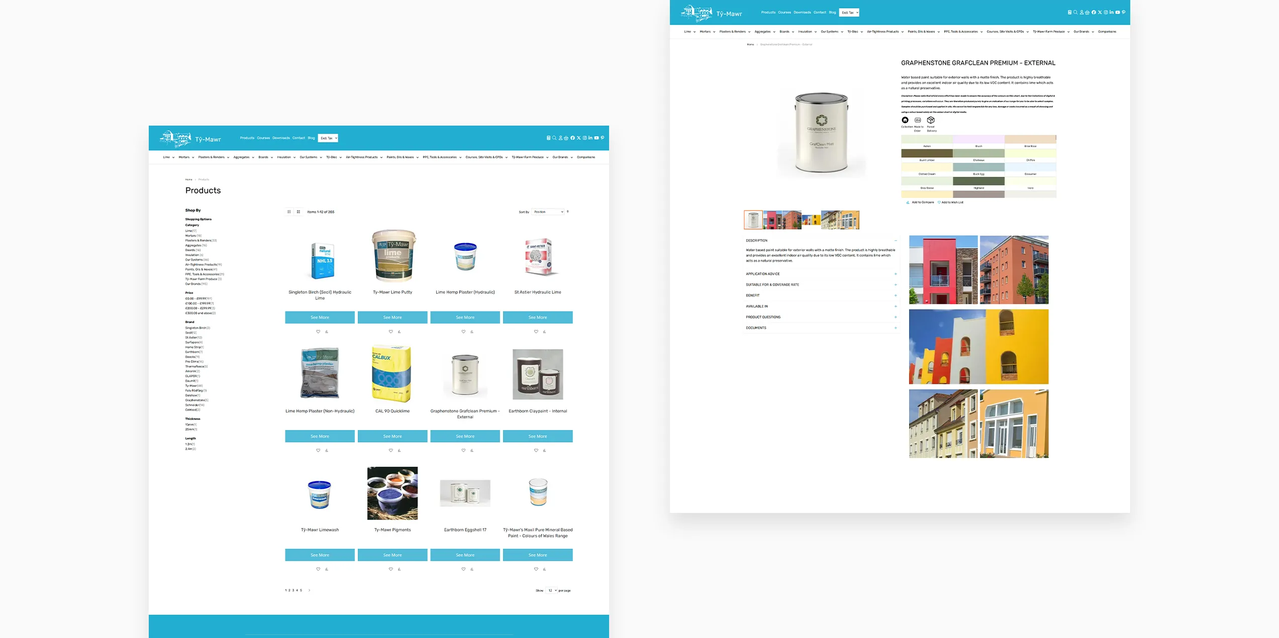 Two snapshots showing the category and product page from the Ty Mawr Lime website