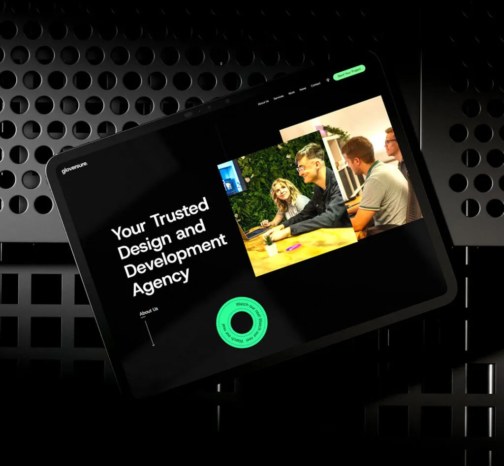 The gloversure website on an iPad displaying the new home page design with the words