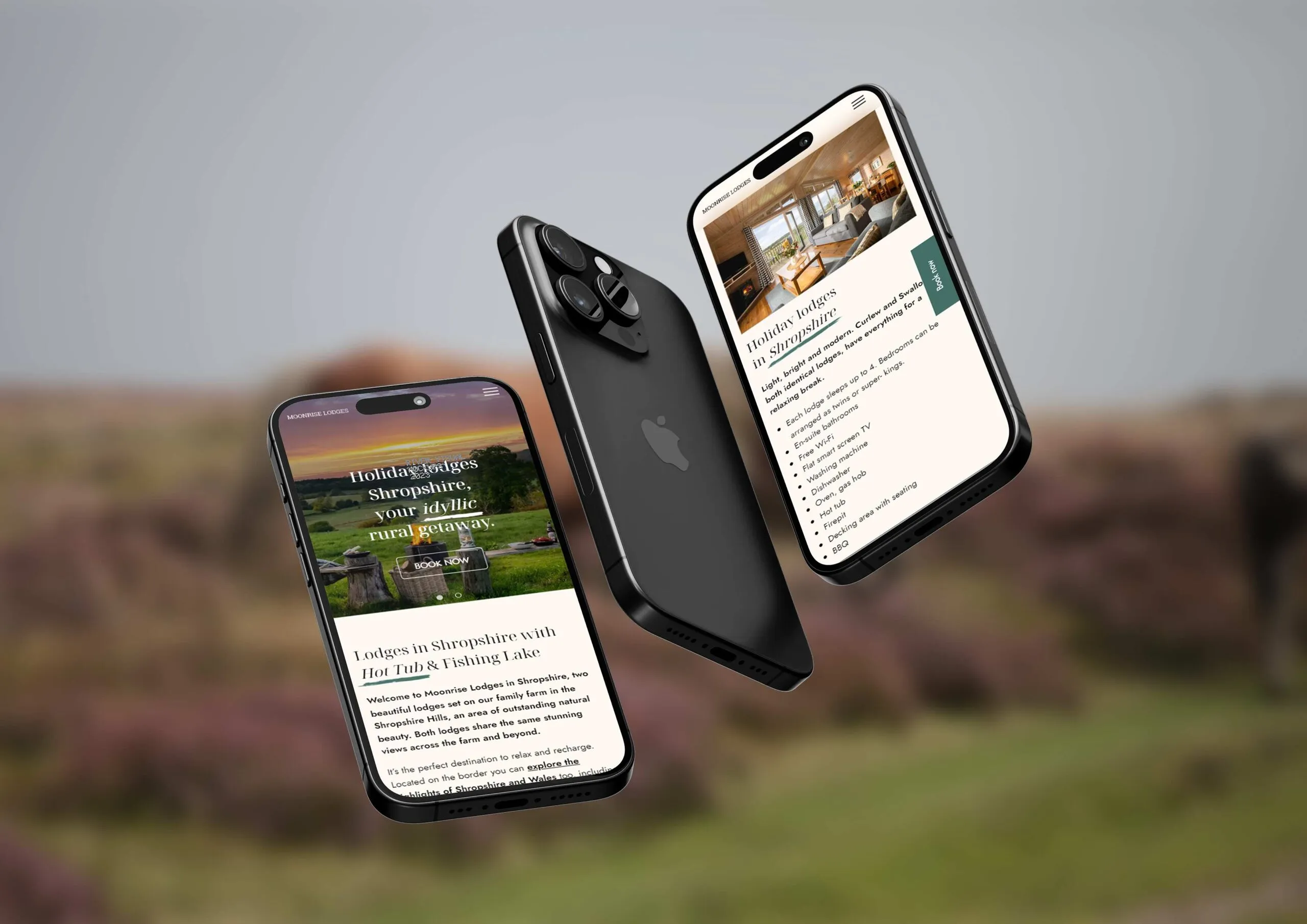 Floating smartphones displaying the Moonrise Lodges website set against a blurred nature background