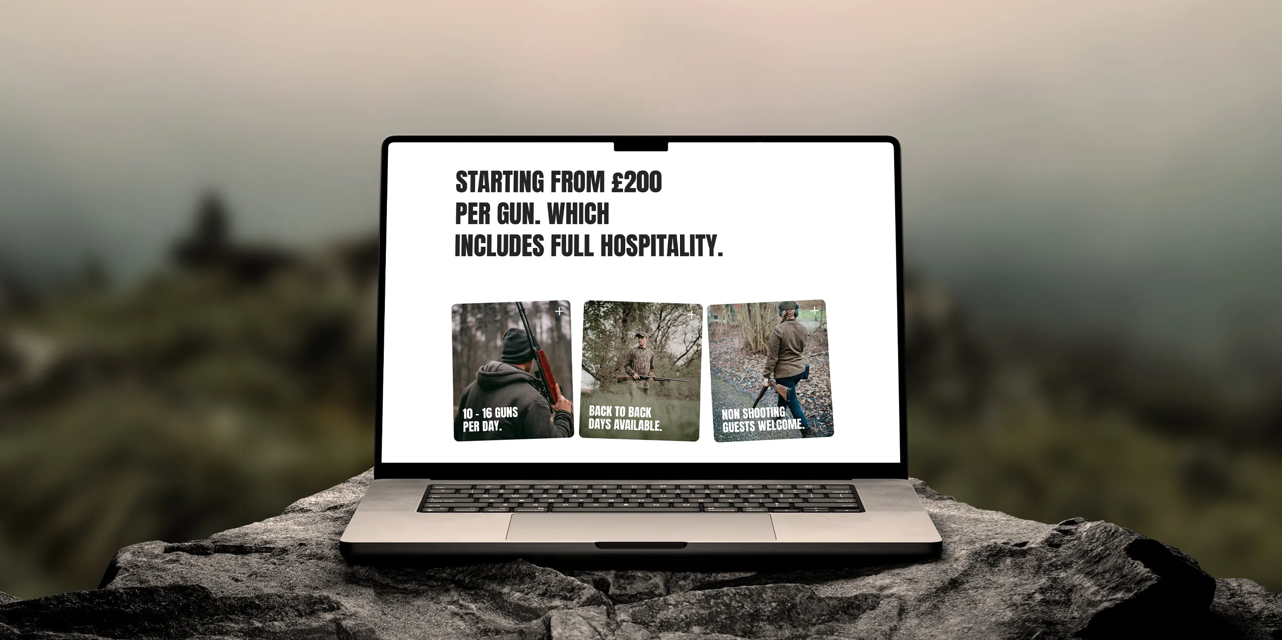 A laptop on a rock displaying the Shropshire Simulated Game with a section for shooting services